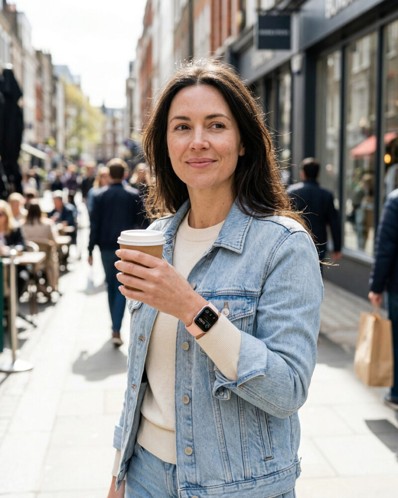Woman wearing grapefruit sport band smartwatch on urban street