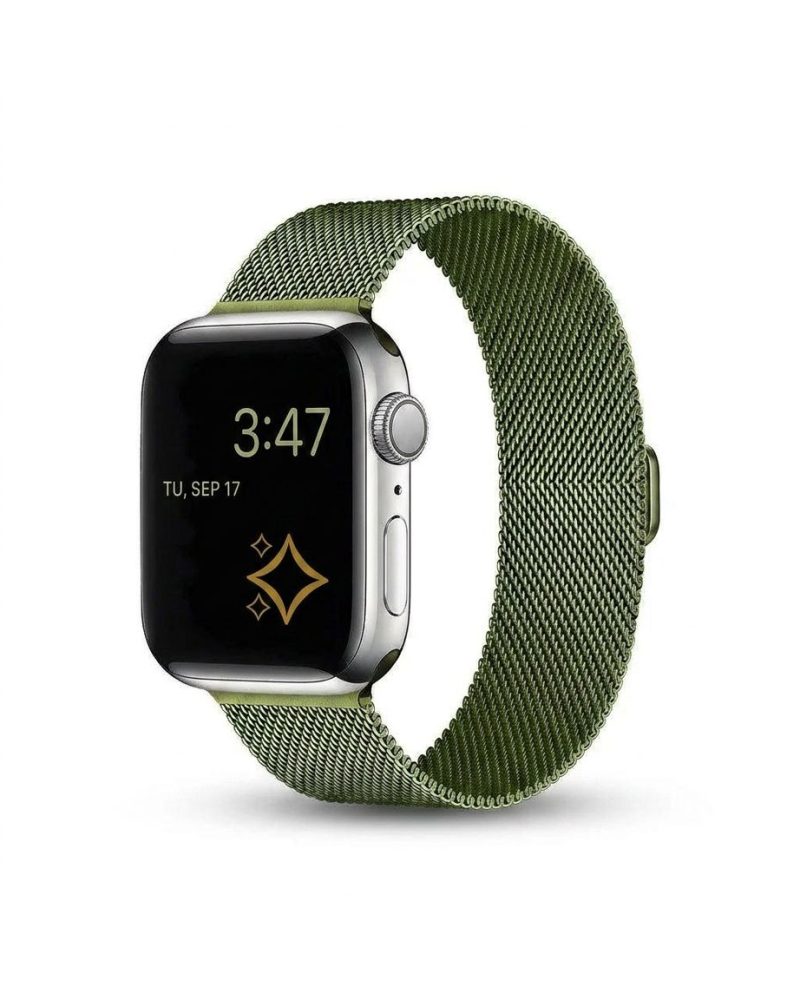 Apple Watch with grass green Milanese Loop band and silver case