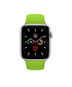 Silver smartwatch with bright green sport band and activity rings display