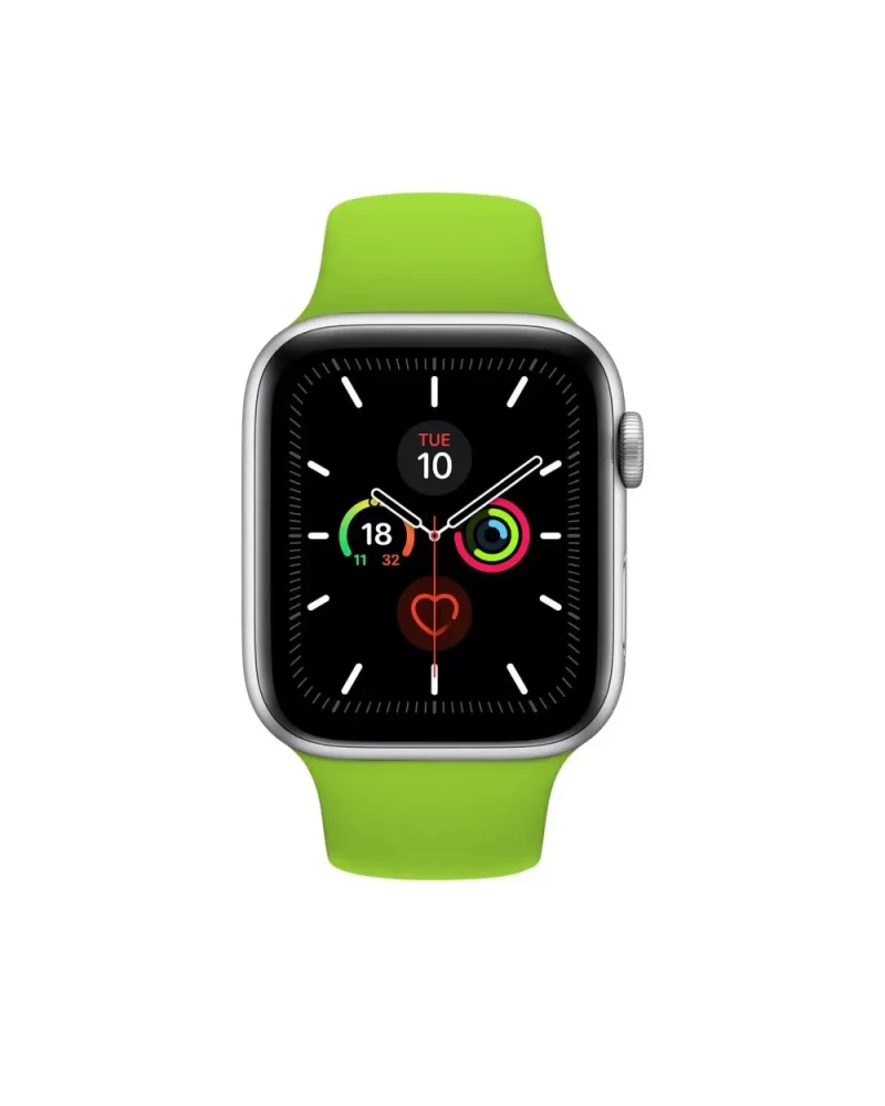 Silver smartwatch with bright green sport band and activity rings display