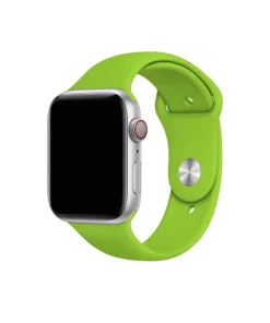Silver smartwatch with bright green sport band and red digital crown