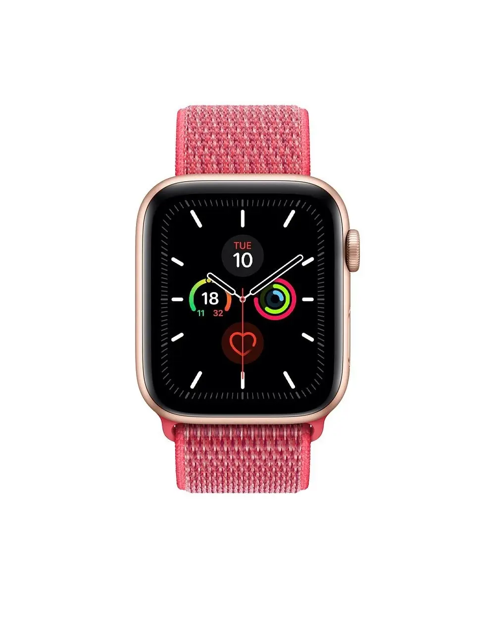 Pink Sport Loop smartwatch band with rose gold case and activity rings display