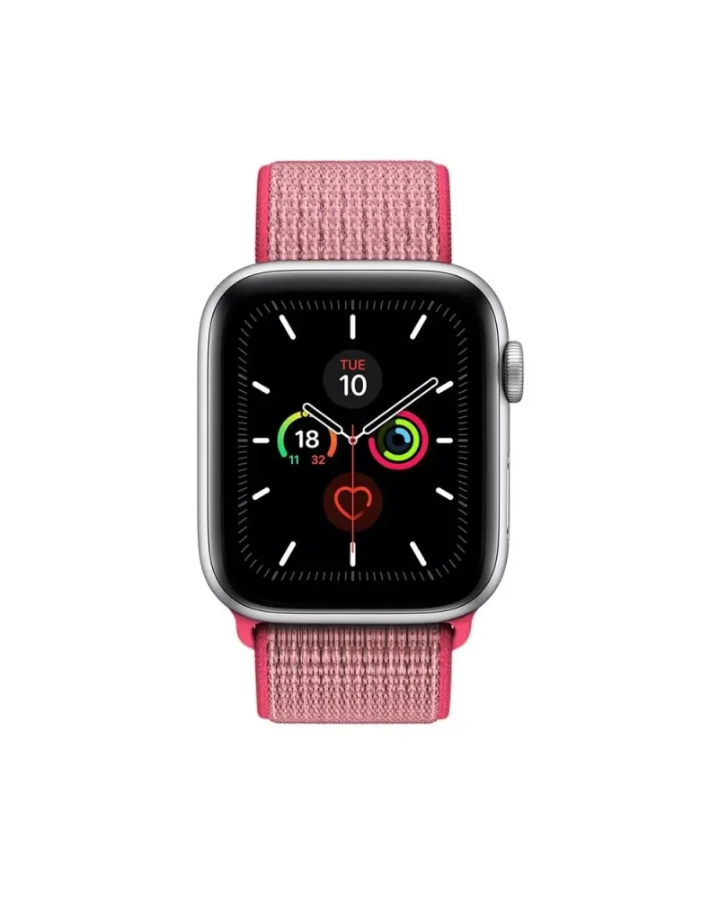 Apple Watch with hot pink fabric sport loop band and activity rings display