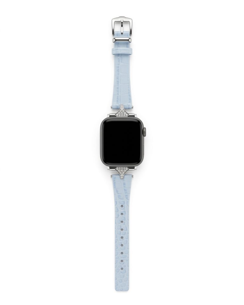 Apple Watch with light blue leather band and diamond lugs