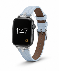 Apple Watch with lake blue leather strap and crystal embellishments on black case