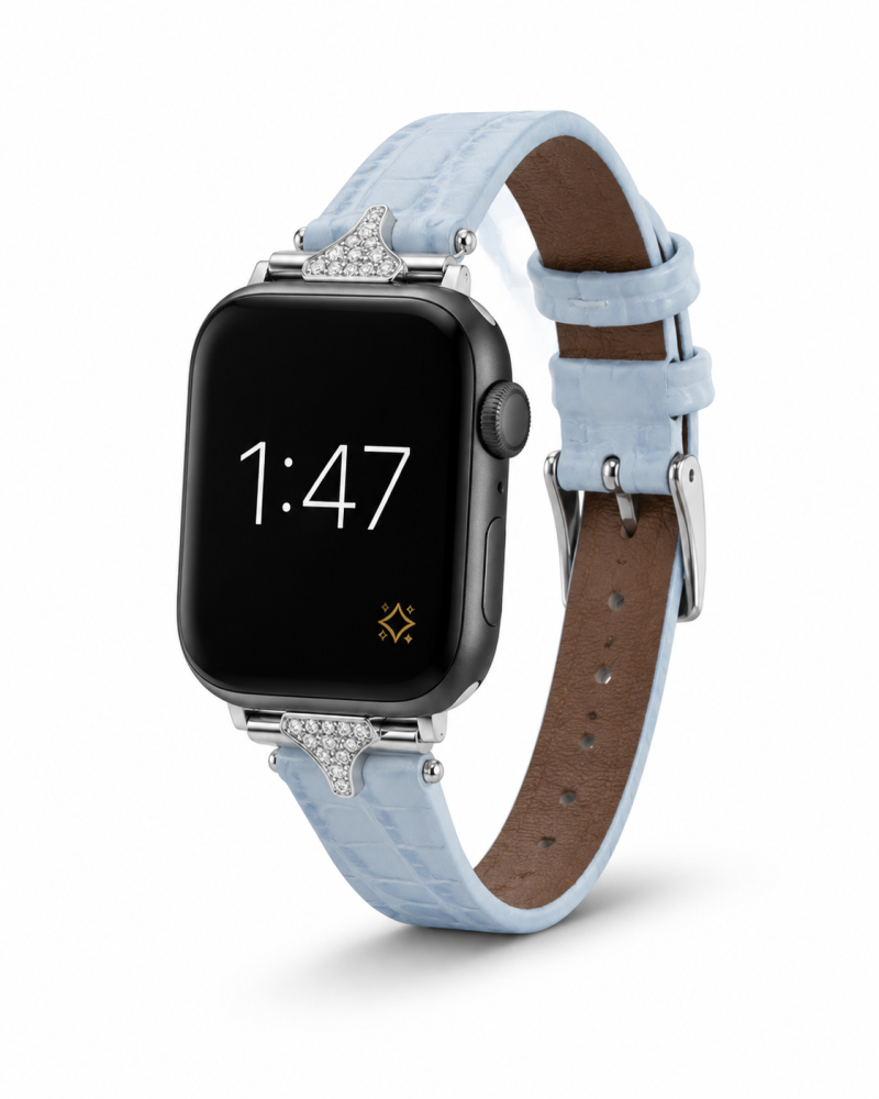 Apple Watch with lake blue leather strap and crystal embellishments on black case