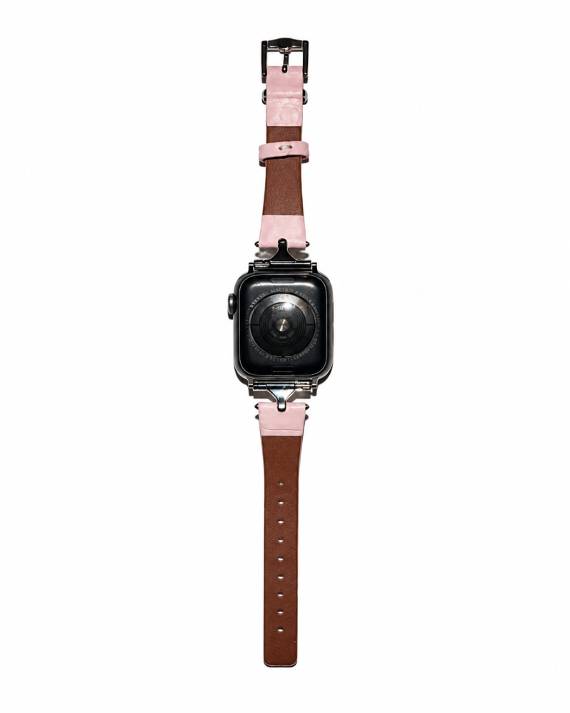 Apple Watch leather band in cherry blossom pink and brown stripes