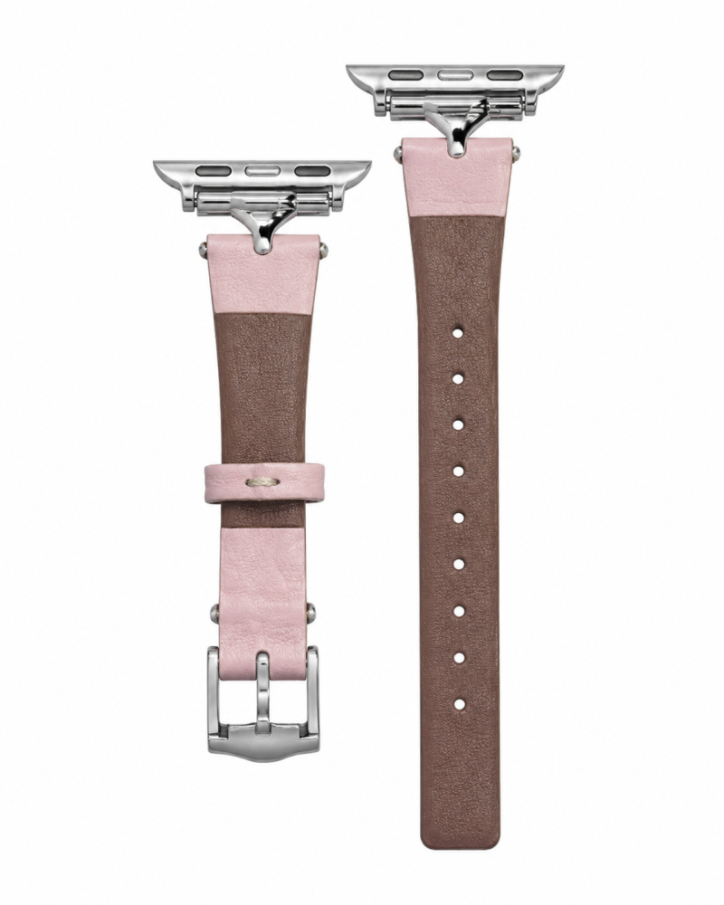 Apple Watch leather band in cherry blossom pink and brown suede
