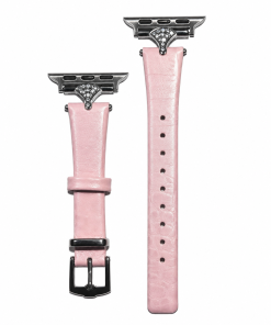 Pink leather Apple Watch band with diamond-embellished connector and adjustable sizing