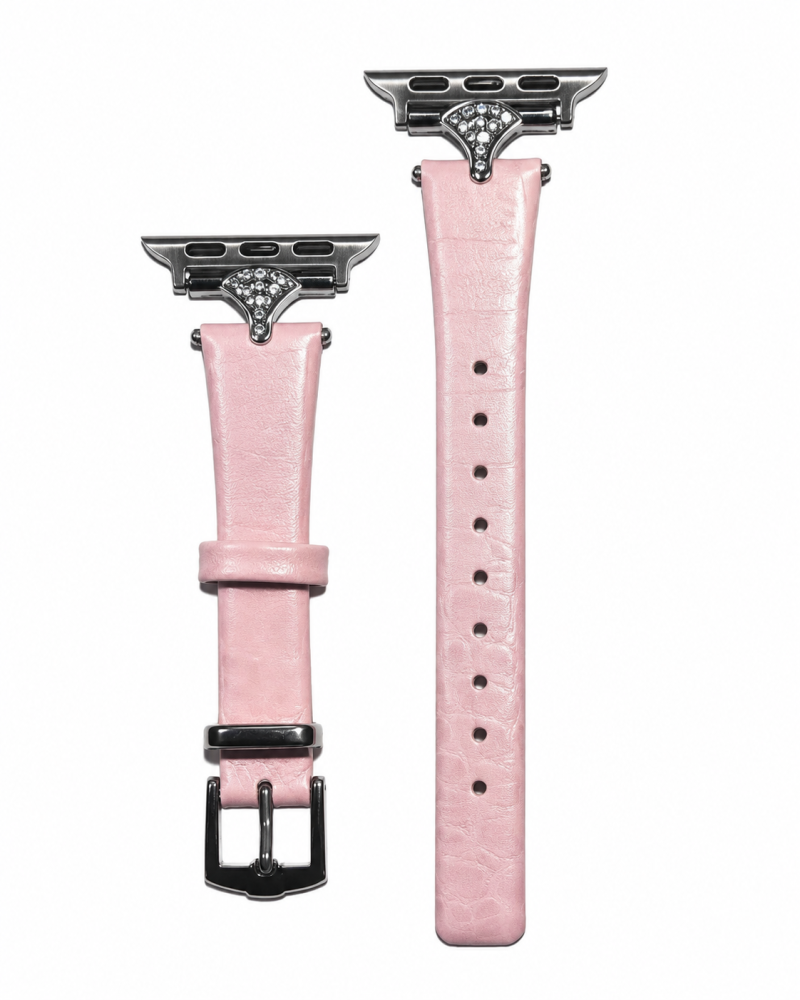 Pink leather Apple Watch band with diamond-embellished connector and adjustable sizing
