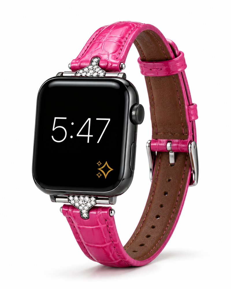 Apple Watch with pink crocodile leather strap and crystal embellishments