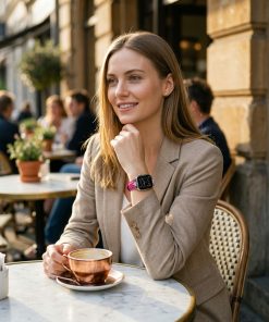 Woman wearing smartwatch with crimson leather strap at outdoor café
