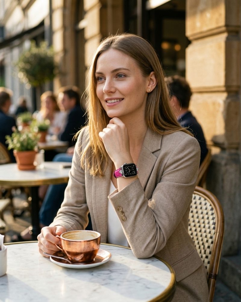 Woman wearing smartwatch with crimson leather strap at outdoor café