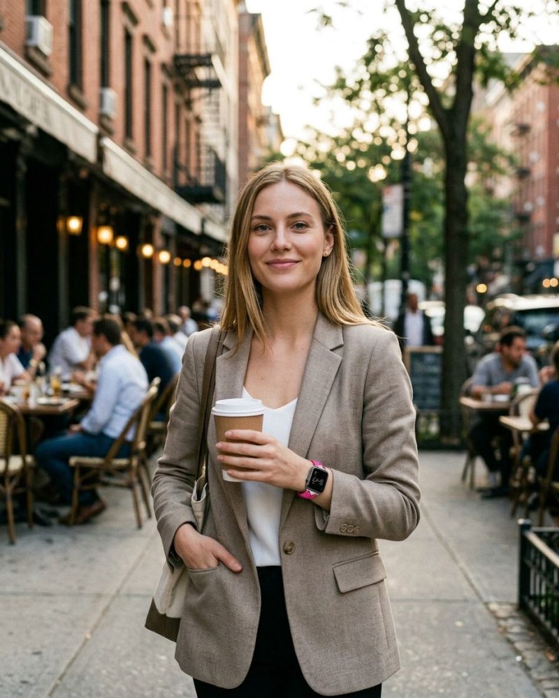 Woman wearing Sophia crimson leather strap smartwatch on urban street