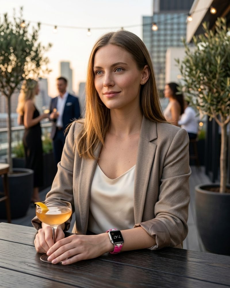 Woman wearing Sophia crimson leather strap smartwatch at rooftop event