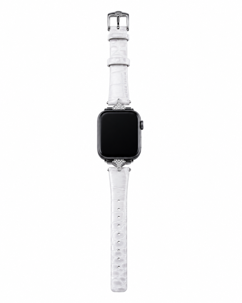 Apple Watch smartwatch with white leather crocodile embossed band crystal charms