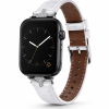 Black smartwatch with white leather strap and crystal embellishments displayed