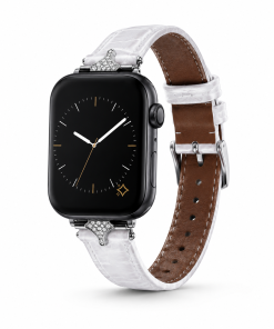 Black smartwatch with white leather strap and crystal embellishments displayed