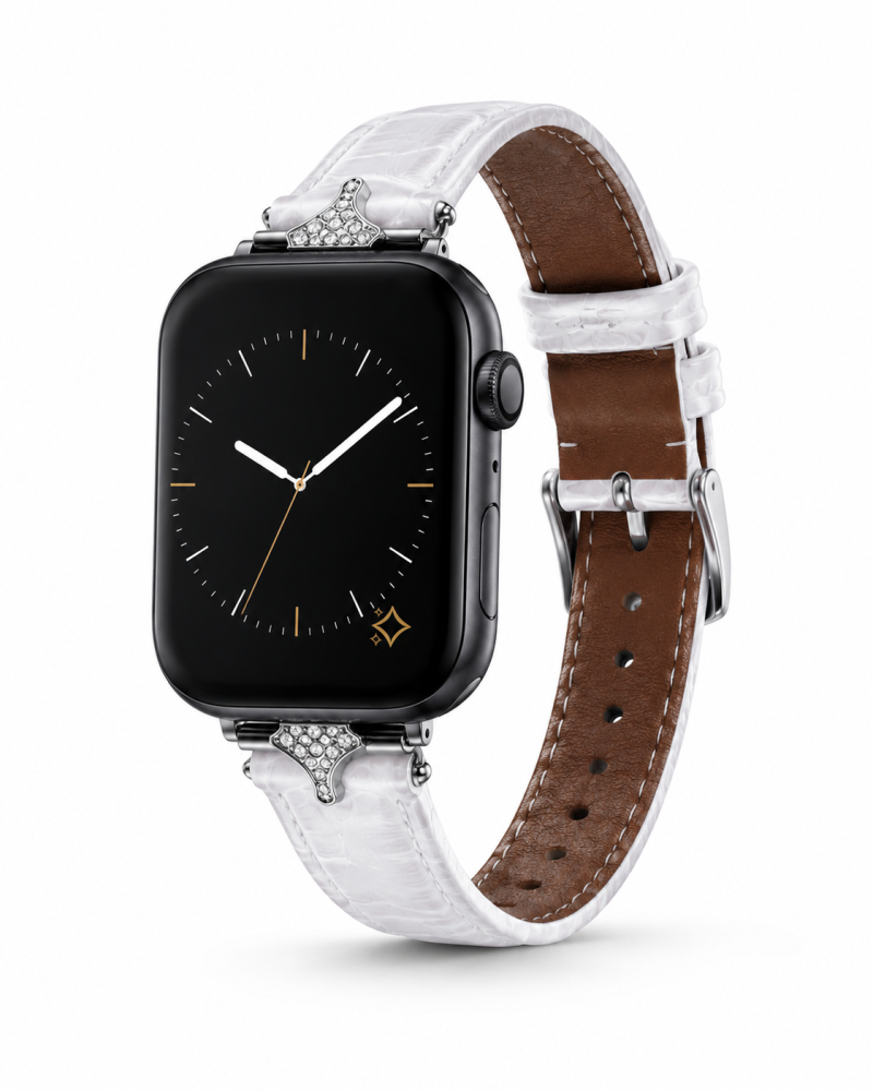 Black smartwatch with white leather strap and crystal embellishments displayed