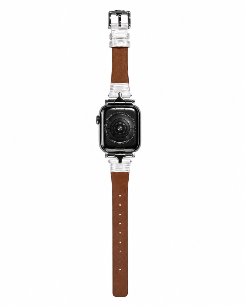 Apple Watch with brown leather strap and crystal resin band detail