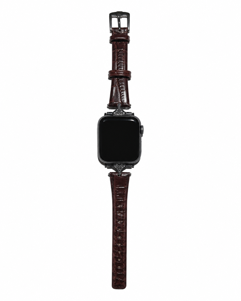 Apple Watch dark brown leather strap with silver decorative connectors and buckle