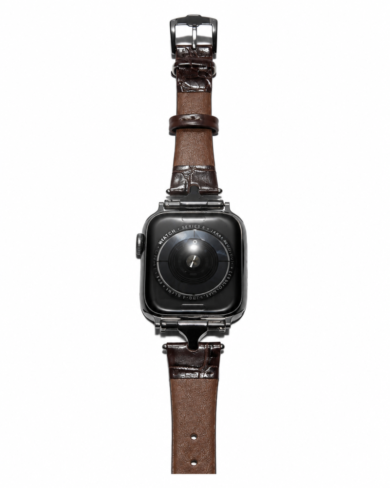 Apple Watch Series 6 with dark brown leather band strap