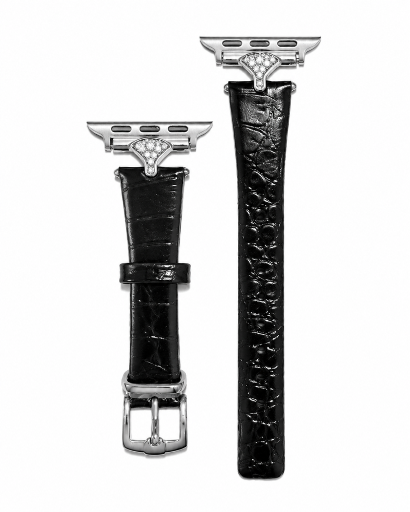 Black leather smartwatch band with crystal diamond connector for Apple Watch