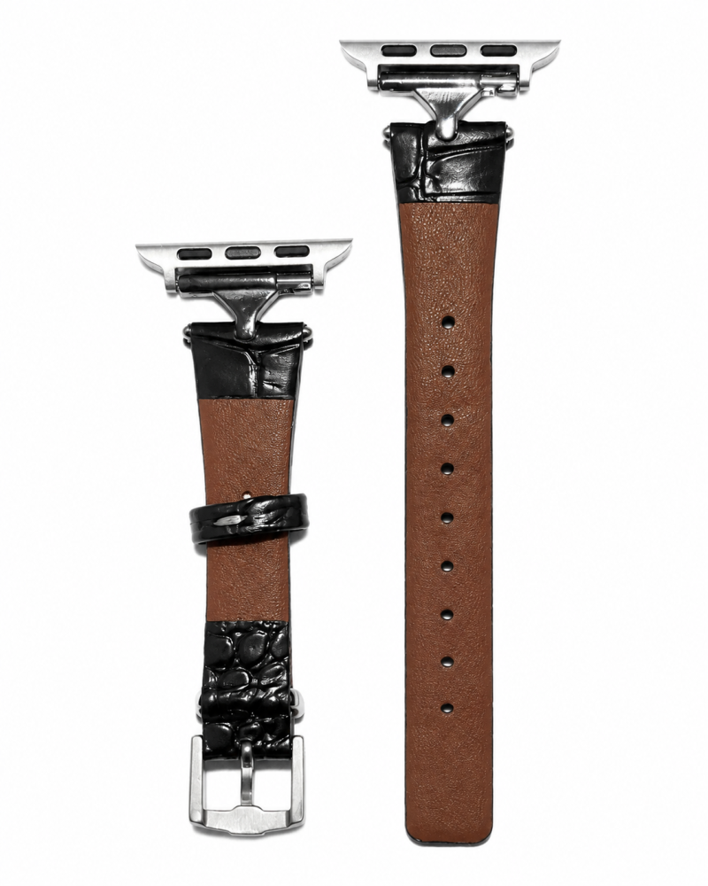 Apple Watch leather strap brown and black with silver connector clasp