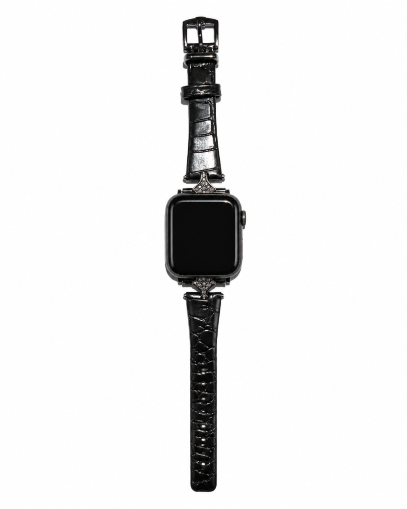 Apple Watch black leather strap with decorative silver charms and buckle