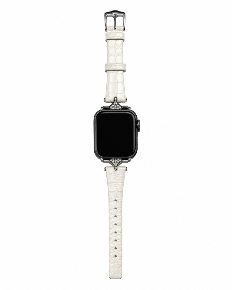 Smartwatch with white crocodile leather strap and rhinestone embellished connectors