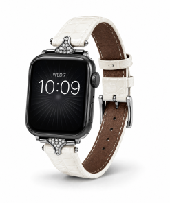 Apple Watch with white leather strap and diamond-studded lugs