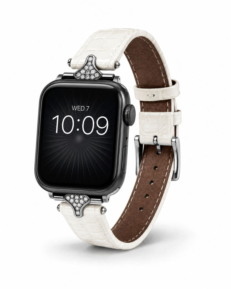 Apple Watch with white leather strap and diamond-studded lugs