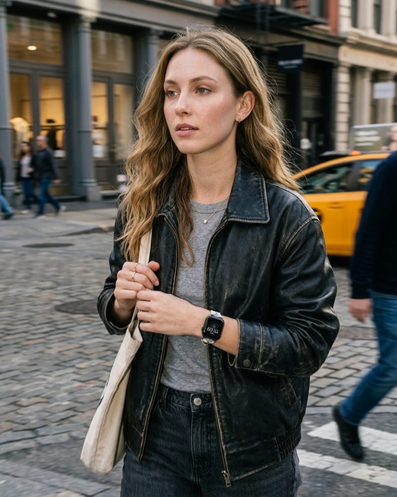 Woman wearing black leather jacket with cappuccino leather shoulder strap bag