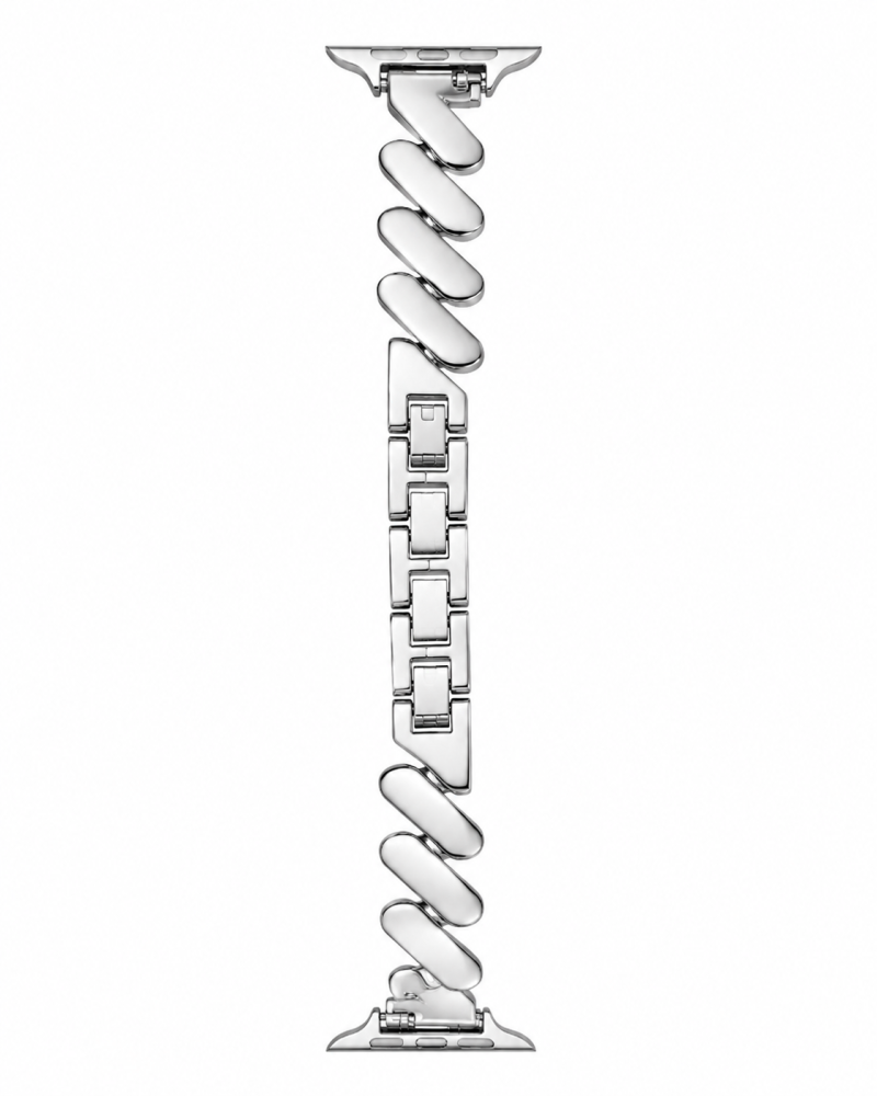 Silver stainless steel smartwatch band with curved link design and connector
