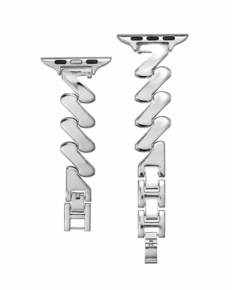 Silver stainless steel Apple Watch band with curved link design