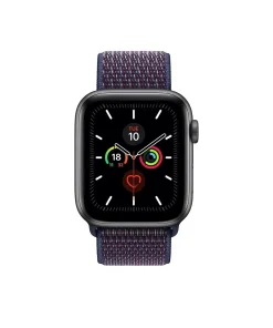 Apple Watch Series 5 with indigo fabric sport loop band and black case