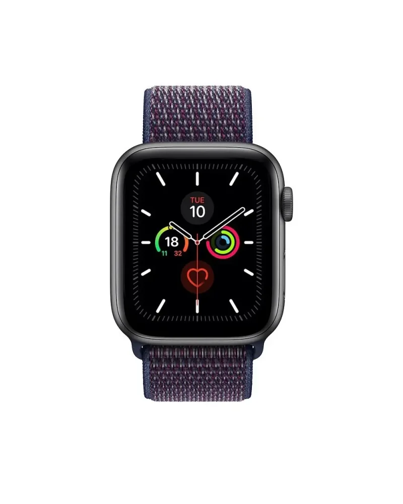 Apple Watch Series 5 with indigo fabric sport loop band and black case