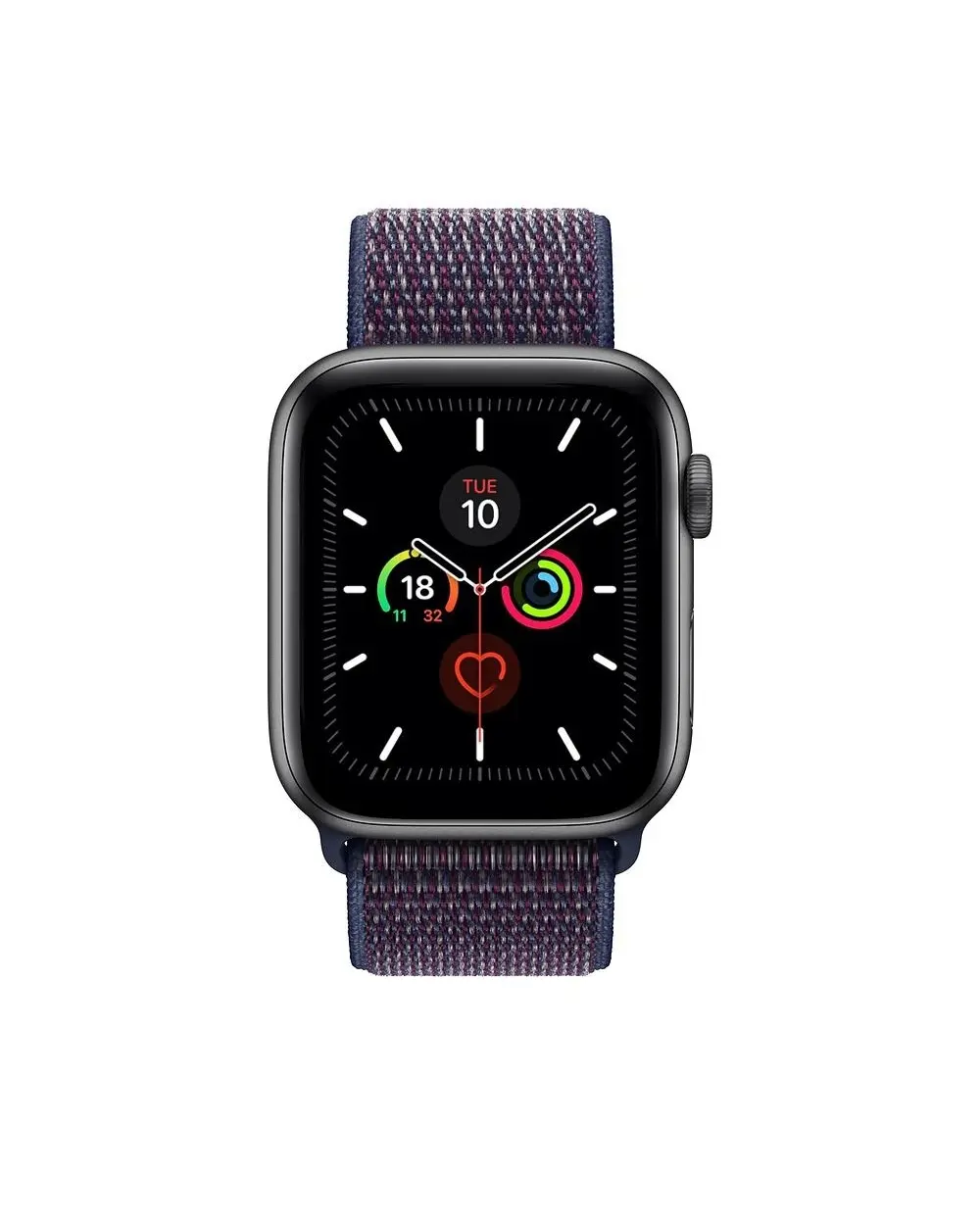 Apple Watch Series 5 with indigo fabric sport loop band and black case