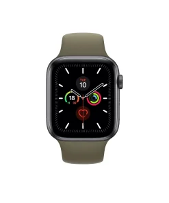 Smartwatch with khaki sport band, black face, fitness tracking rings displayed