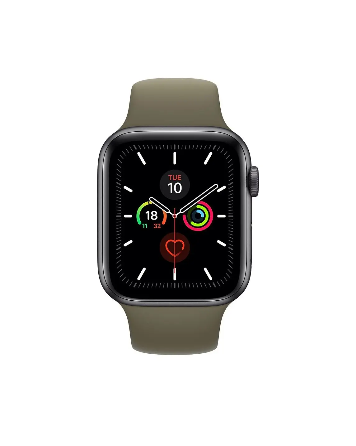 Smartwatch with khaki sport band, black face, fitness tracking rings displayed