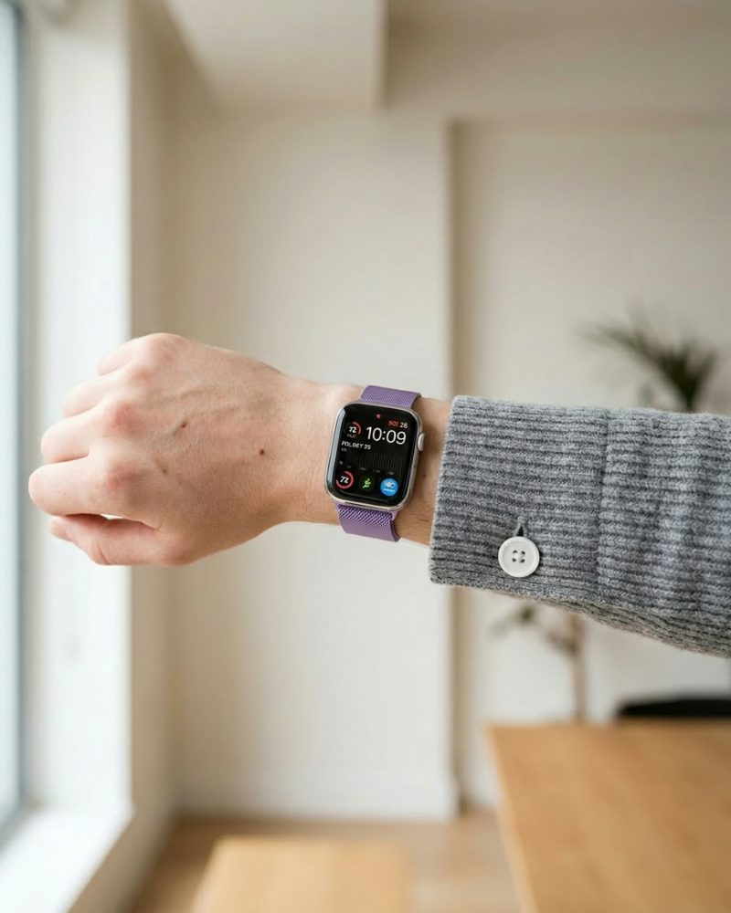 Apple Watch with purple Milanese Loop band worn on wrist indoors