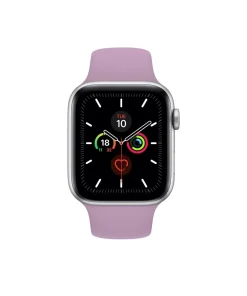 Smartwatch with lavender sport band and black digital display showing fitness rings