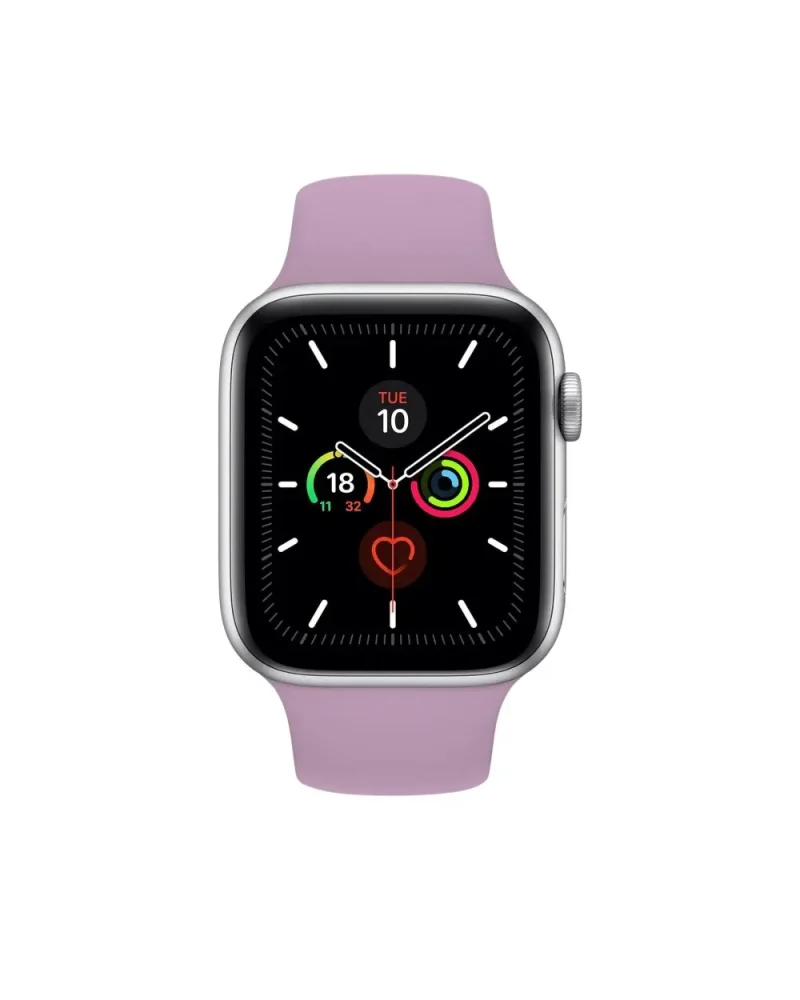 Smartwatch with lavender sport band and black digital display showing fitness rings