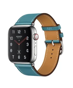 Hermès Apple Watch with teal leather band and silver stainless steel case