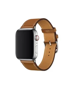 Silver smartwatch with tan leather strap and stainless steel buckle closure