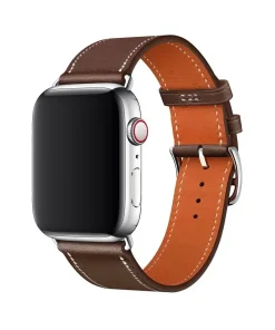 Apple Watch leather band, brown and orange two-tone design with buckle