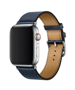 Silver smartwatch with navy blue leather band and buckle closure