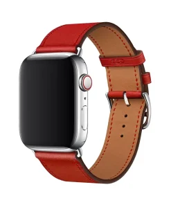 Red leather smartwatch band with silver buckle closure for Apple Watch
