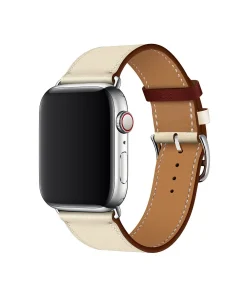 Cream leather Apple Watch band with burgundy accent and silver buckle