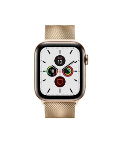 Gold Milanese loop smartwatch with white dial and fitness complications